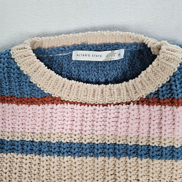 Altar'd State Sweaters - Altar'd State Womens Chenille Striped Cropped Sweater Blue Pink SYD6404JN-A Med